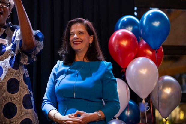 Eileen O'Neill Burke, the Democratic candidate for Cook County State's Attorney, declares victory on election night Tuesday, Nov. 5, 2024, at Moe's Cantina in River North. (Brian Cassella/Chicago Tribune)