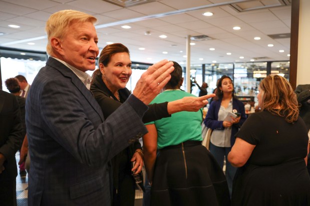 Cook County state's attorney Republican candidate Bob Fioretti, left, points at his opponent Democratic candidate Eileen O'Neill Burke after she walked away at Manny's Deli in the West Loop on Election Day, Nov. 5, 2024. (Eileen T. Meslar/Chicago Tribune)