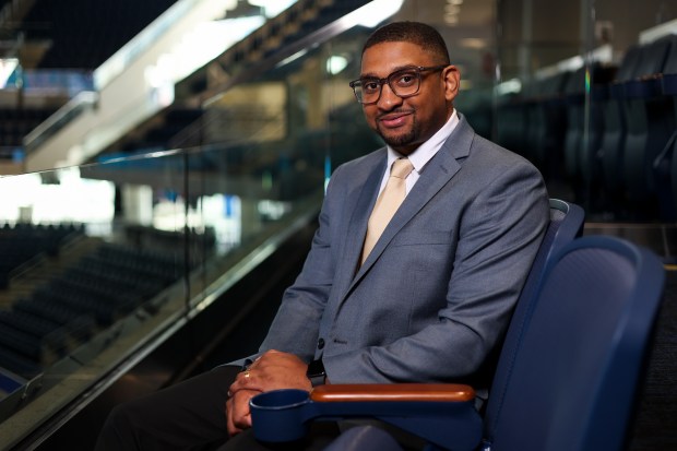 New Chicago Sky head coach Tyler Marsh sits in Wintrust Arena on Nov. 12, 2024. (Eileen T. Meslar/Chicago Tribune)