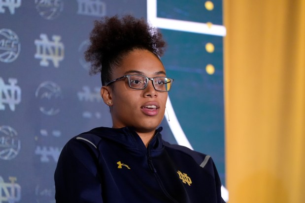 Notre Dame guard Olivia Miles speaks during ACC media day Oct. 8, 2024, in Charlotte, N.C. (AP Photo/Chris Carlson)