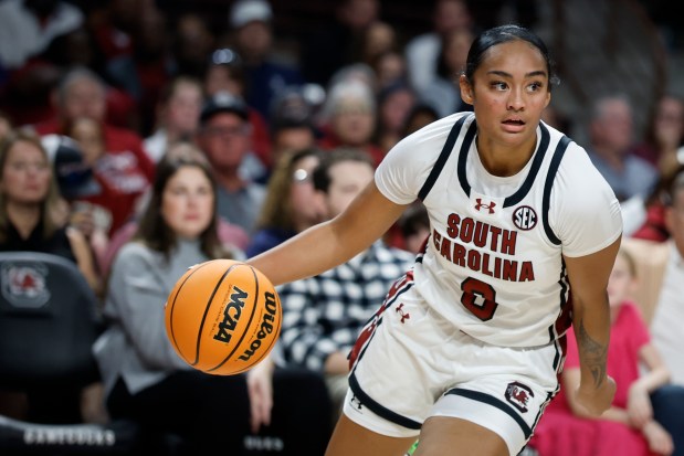 South Carolina guard Te-Hina Paopao drives to the basket against East Carolina on Nov. 17, 2024, in Columbia, S.C. (AP Photo/Nell Redmond)