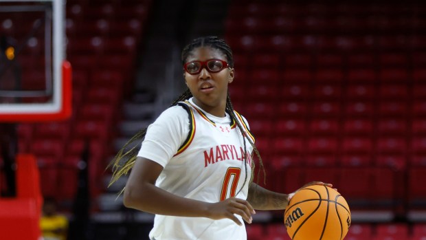 Maryland guard Shyanne Sellers in exhibition action against Seton Hill (Pa.) on Oct. 20, 2024, in College Park, Md. (AP Photo/Mike Buscher)