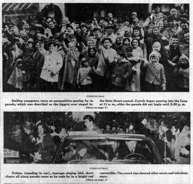 Teenage singer Fabian was a highlight of the annual Loop Christmas parade down State Street on Nov. 29, 1959. (Chicago Tribune)