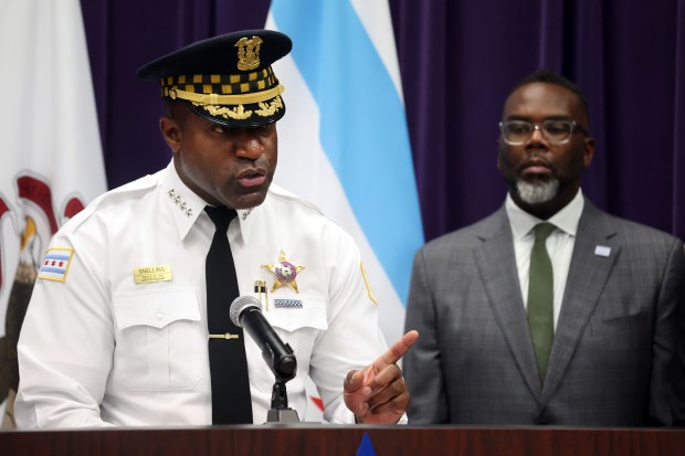 Chicago police Superintendent Larry Snelling speaks about the West Rogers Park shooting as Mayor Brandon Johnson stands with him at police headquarters, Oct. 31, 2024. Snelling said Chicago Police Department detectives uncovered evidence on Sidi Mohamed Abdallahi's cellphone that "indicated he planned the shooting and specifically targeted people of Jewish faith." (Terrence Antonio James/Chicago Tribune)