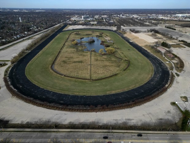 A view looking west shows the former Arlington International Racecourse on March 12, 2024, in Arlington Heights. (Stacey Wescott/Chicago Tribune)