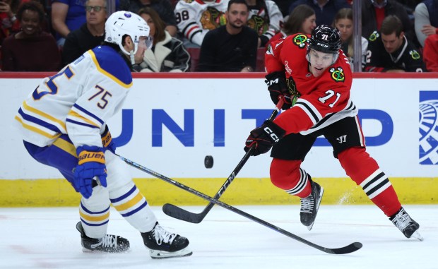 Blackhawks left wing Taylor Hall (71) tries to score against the Sabres on Oct. 19, 2024, at the United Center. (Chris Sweda/Chicago Tribune)