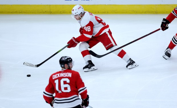 Red Wings right wing Patrick Kane makes a move in the second period against the Blackhawks on Nov. 6, 2024, at the United Center. (Chris Sweda/Chicago Tribune)