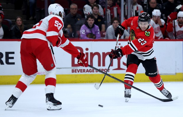 Chicago Blackhawks center Philipp Kurashev (23) takes a shot on goal in the first period of a game against the Detroit Red Wings at the United Center in Chicago on Nov. 6, 2024. (Chris Sweda/Chicago Tribune)