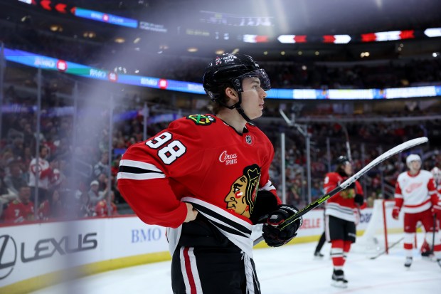 Chicago Blackhawks center Connor Bedard (98) reacts after a missed opportunity in the third period of a game against the Detroit Red Wings at the United Center in Chicago on Nov. 6, 2024. (Chris Sweda/Chicago Tribune)