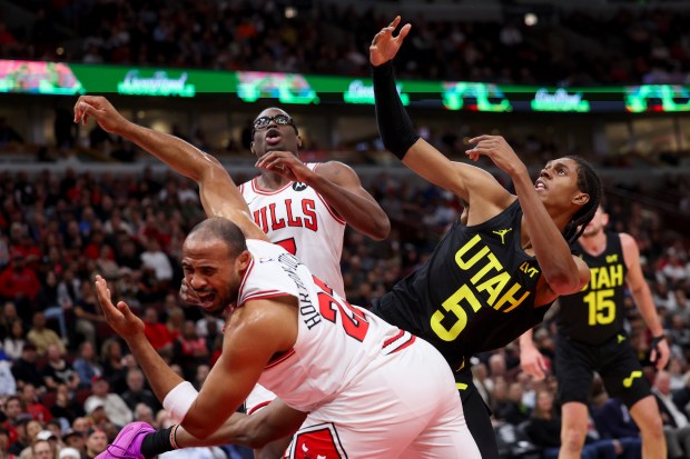 Chicago Bulls forward Talen Horton-Tucker (22) yells after running into Utah Jazz forward Cody Williams (5) during the first quarter at the United Center Monday Nov. 4, 2024, in Chicago. (Armando L. Sanchez/Chicago Tribune)