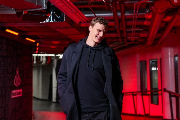 Former Bulls player and Utah Jazz forward Lauri Markkanen walks to the locker room before playing the Bulls at the United Center Monday Nov. 4, 2024, in Chicago. (Armando L. Sanchez/Chicago Tribune)