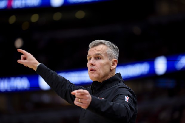 Chicago Bulls head coach Billy Donovan stands near the bench during the second quarter against the Utah Jazz at the United Center Monday Nov. 4, 2024, in Chicago. (Armando L. Sanchez/Chicago Tribune)