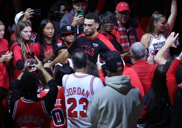 Chicago Bulls guard Zach LaVine (8) walks through a crowd of fans as the starting lineup is announced before the Bulls home opener against the Oklahoma City Thunder at the United Center in Chicago on Oct. 26, 2024. (Chris Sweda/Chicago Tribune)