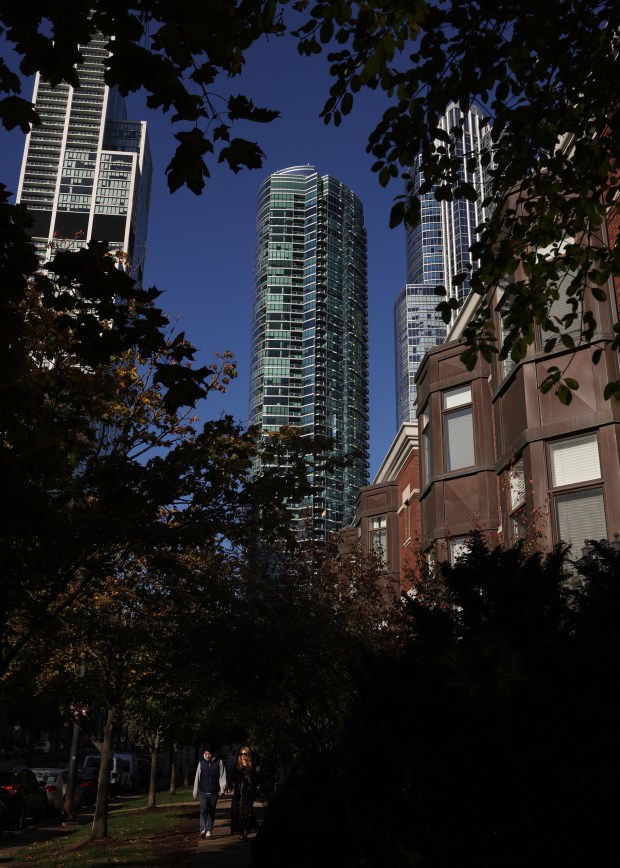 Caitlin Tracey was found dead in a South Loop luxury high-rise in the 1200 block of South Prairie Avenue, center, last month, Nov. 7, 2024. (John J. Kim/Chicago Tribune)