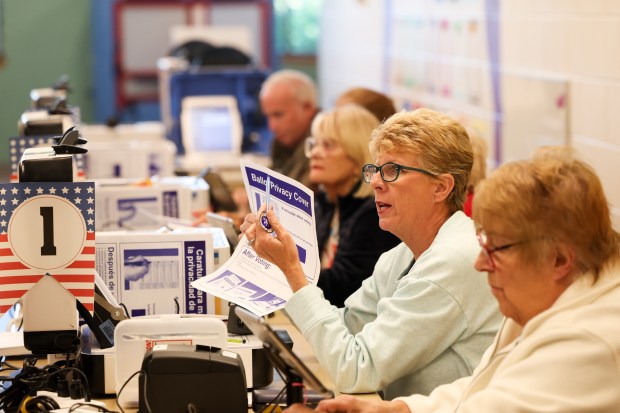 A DuPage County election judge speaks to a voter during early voting at a polling place in Downers Grove Recreation Center on Oct. 1, 2024. (Eileen T. Meslar/Chicago Tribune)