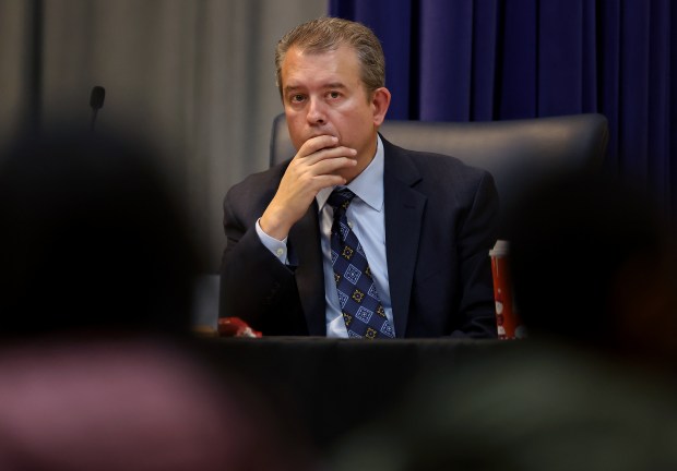 Chicago Public School CEO Pedro Martinez listens in during public participation as the Chicago Board of Education holds a special meeting at Colman School on Nov. 14, 2024. (Chris Sweda/Chicago Tribune)