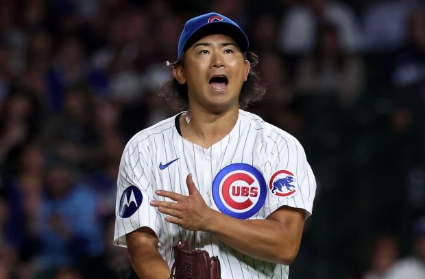 Cubs starting pitcher Shota Imanaga reacts after striking out the last batter of the seventh inning against the Pirates on Sept. 4, 2024, at Wrigley Field. (Chris Sweda/Chicago Tribune)