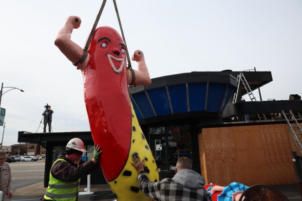 Workers guide a crane hoisting Superdawg-Drive-In mascot Maurie up to the roof of Superdawg on Nov. 13, 2024 in Chicago. (Stacey Wescott/Chicago Tribune)