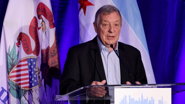 U.S. Sen. Dick Durbin speaks at the Democratic National Committee Illinois Breakfast at the Chicago Royal Sonesta Hotel on Aug. 22, 2024. (Antonio Perez/Chicago Tribune)