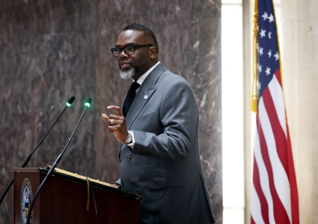 Mayor Brandon Johnson announces his budget proposal, including a tax hike, during a City Council meeting on Oct. 30, 2024. (Stacey Wescott/Chicago Tribune)