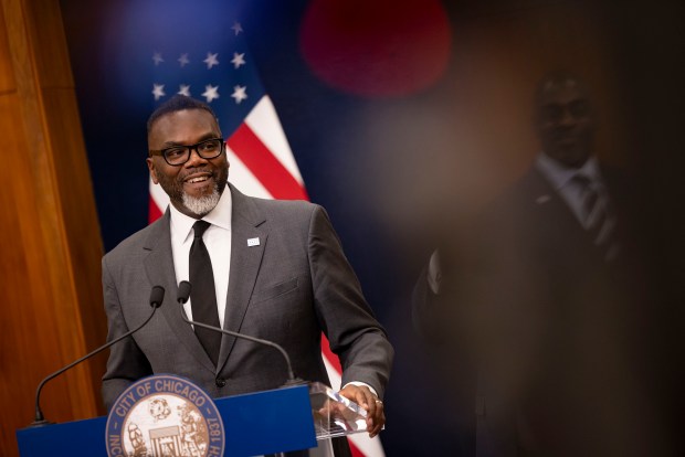 Mayor Brandon Johnson speaks during a news conference, Nov. 19, 2024, at City Hall. (Brian Cassella/Chicago Tribune)