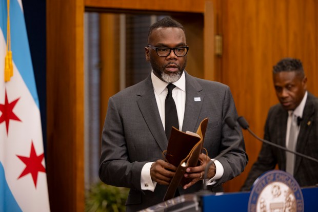 Mayor Brandon Johnson arrives to speak during a news conference Nov. 19, 2024, at Chicago City Hall. (Brian Cassella/Chicago Tribune)