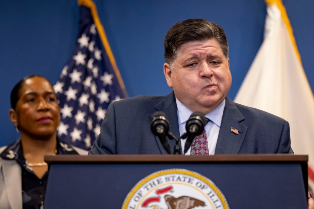 Gov. JB Pritzker speaks about the state budget on Nov. 7, 2024, at Illinois state government offices in Chicago. (Brian Cassella/Chicago Tribune)