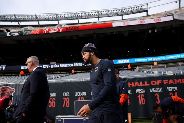 Chicago Bears quarterback Caleb Williams warms up before the Bears play the Green Bay Packers at Soldier Field on Nov. 17, 2024. (Armando L. Sanchez/Chicago Tribune)