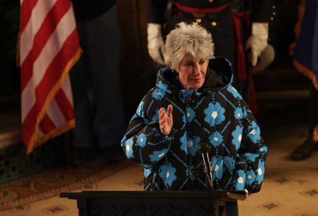 Cook County Treasurer Maria Pappas addresses attendees of a Veterans Day observance and ceremony in May Chapel at Rosehill Cemetery on Nov. 9, 2024. (John J. Kim/Chicago Tribune)