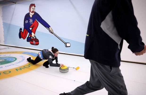 Merlin Howick competes in a club league at Windy City Curling in Villa Park, Nov. 14, 2024. (Chris Sweda/Chicago Tribune)