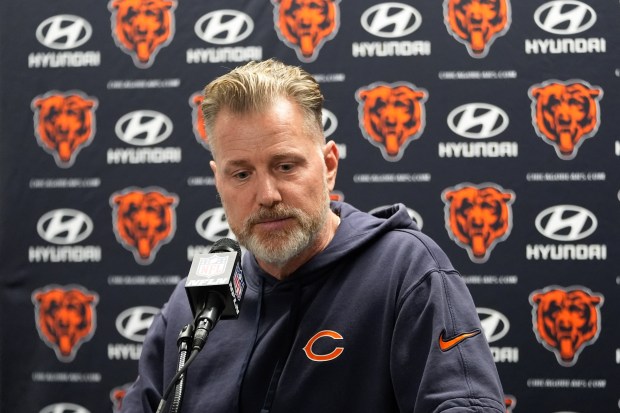 Chicago Bears head coach Matt Eberflus talks to the media after an NFL football game against the Chicago Bears in Detroit, Thursday, Nov. 28, 2024. (AP Photo/Carlos Osorio)