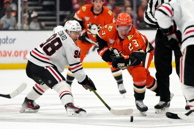 Chicago Blackhawks center Connor Bedard, left, and Anaheim Ducks center Mason McTavish battle for the puck during the first period of an NHL hockey game, Sunday, Nov. 3, 2024, in Anaheim, Calif. (AP Photo/Mark J. Terrill)