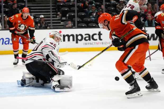 Anaheim Ducks center Ryan Strome, right, tries to get a shot past Chicago Blackhawks goaltender Arvid Soderblom during the third period of an NHL hockey game, Sunday, Nov. 3, 2024, in Anaheim, Calif. (AP Photo/Mark J. Terrill)