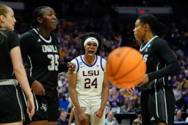 LSU guard Aneesah Morrow (24) reacts after being fouled during the first half of a first-round college basketball game against Rice in the women's NCAA Tournament in Baton Rouge, La., Friday, March 22, 2024. (AP Photo/Gerald Herbert)