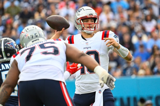 Patriots quarterback Drake Maye throws a pass against the Titans during the second half on Nov. 3, 2024, in Nashville, Tenn. (John Amis/AP)