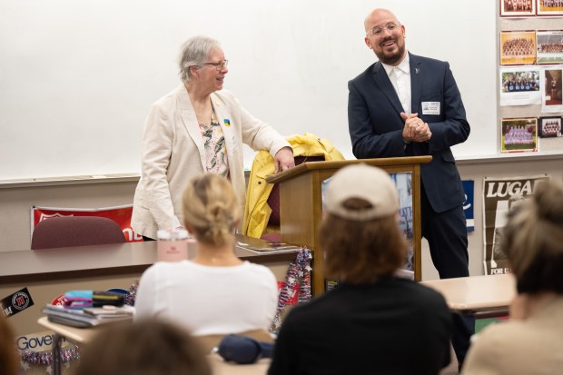 State Senator Rodney Pol and Representative Patricia Boy answer questions from students during a visit to Chesterton High School on Friday, May 19, 2023. (Kyle Telechan for the Post-Tribune)