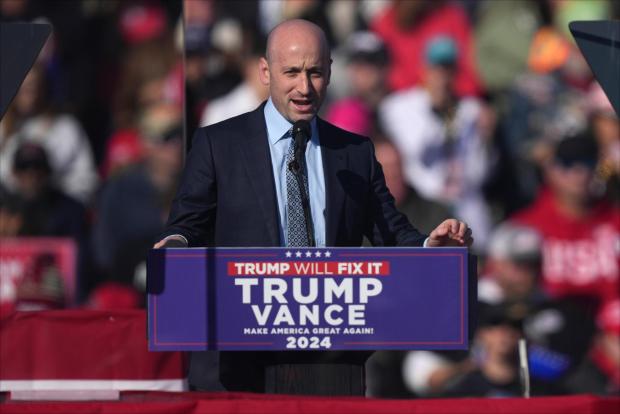 Stephen Miller speaks before Republican presidential nominee former President Donald Trump at a campaign rally in Lititz, Pa., Sunday, Nov. 3, 2024. (AP Photo/Matt Rourke)