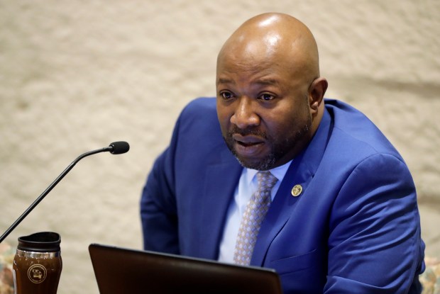 Sen. Greg Taylor, D-Indianapolis, speaks during a committee hearing at the Statehouse, Wednesday, Jan. 23, 2019, Indianapolis. (AP Photo/Darron Cummings)