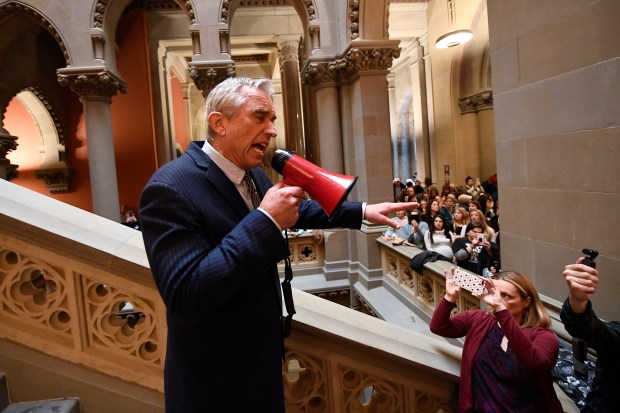 Attorney Robert F. Kennedy Jr. speaks against proposed Democratic bills that would add new doses of vaccines to attend school, during a protest rally on behalf of New York state families against the vaccination of children at the Capitol, Jan. 8, 2020, in Albany.