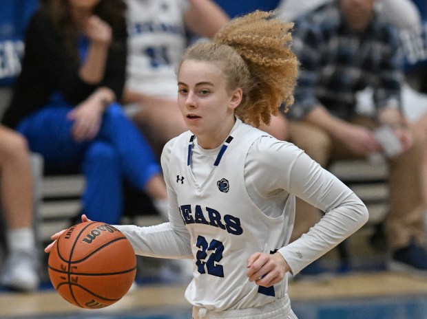 Lake Zurich's Avery Cooper pushes the ball up the court during a game against Prospect in the Exam Jamm College Showcase in Lake Zurich on Tuesday, Dec. 12, 2023. (Brian O'Mahoney / News-Sun)