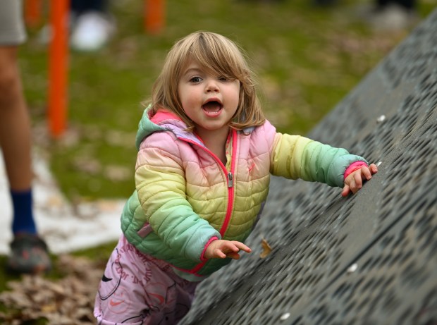 Aliyah Cohn, 2, of Highwood, plays after the ribbon cutting ceremony at the renovated Jewett Park playground on Nov. 9, 2024 in Deerfield. (Karie Angell Luc/Lake County News Sun)