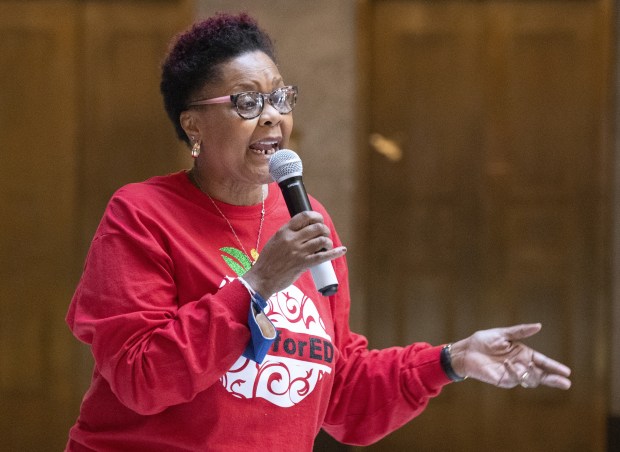 GlenEva Dunham of Gary, president of the Indiana chapter of the American Federation of Teachers, speaks at the annual AFT Indiana Day of Action at the statehouse in Indianapolis on Tuesday, Feb. 8, 2022. (Michael Gard / Post-Tribune)