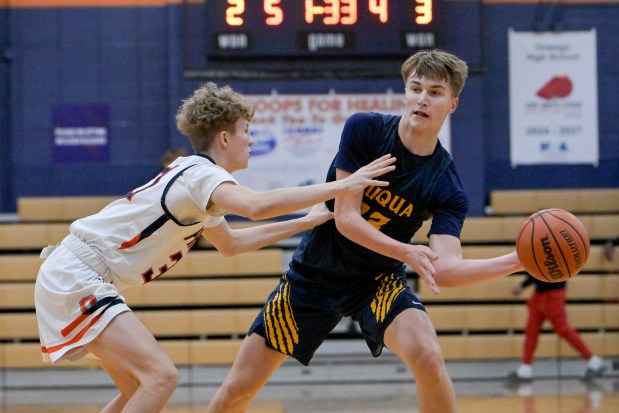 Neuqua Valley's Cole Kelly (23) plays against Oswego during the Hoops for Healing Tournament in Oswego on Wednesday, Nov. 27, 2024. (Mark Black / for the Naperville Sun)