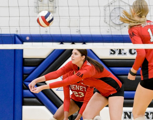 Benet's Keira O'Donnell (17) returns a serve during the Class 4A St. Charles North Supersectional against New Trier in St. Charles on Monday, Nov. 11, 2024. (Mark Black / for the Naperville Sun)