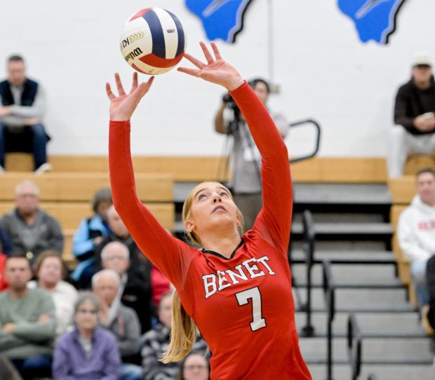 Benet's Audrey Asleson (7) sets the ball against New Trier during Class 4A St. Charles North Supersectional in St. Charles on Monday, Nov. 11, 2024. (Mark Black / for the Naperville Sun)