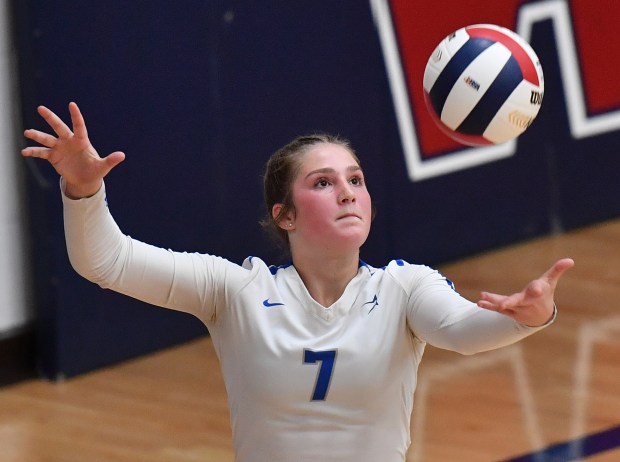 St. Charles Noerg setter Mia McCall serves to Metea Valley during their match in the Class 4A West Aurora Sectional semifinals Tuesday, Nov. 5, 2024 in Aurora...(Jon Cunningham/for The Naperville Sun)