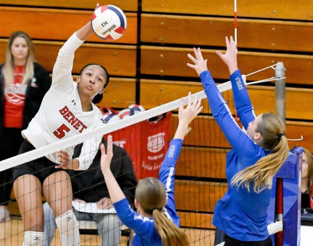 Benet's Brooklynne Brass (5) hits the ball past St. Charles North during the Class 4A West Aurora Sectional championship match in Aurora on Thursday, Nov. 7, 2024. (Mark Black / for the Beacon-News)