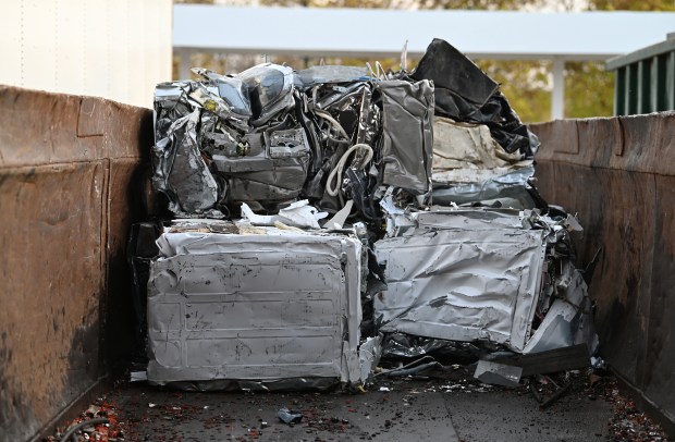 Compacted recycled appliance material in Abt's recycling center in Glenview on Oct. 29, 2024. (Karie Angell Luc/Pioneer Press)