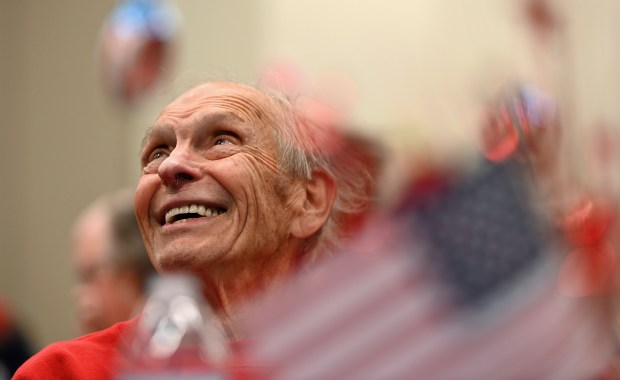 LeRoy Anderson of Riverwoods, who was drafted to serve in the United States Army from 1969 to 1970, enjoys fellowship during the luncheon portion of the Veterans Day Celebration at the Community Arts Center (225 McHenry Road) in Buffalo Grove on Nov. 11, 2024 (Karie Angell Luc/Pioneer Press)