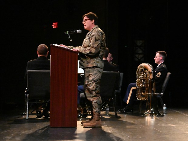 Keynote speaker is Renee Brady, an Illinois resident with a United States Army military history and currently Team OIC (officer in charge) at Marseilles Training Center in Marseilles, Illinois. Taken at the Veterans Day Celebration at the Community Arts Center (225 McHenry Road) in Buffalo Grove on Nov. 11, 2024 (Karie Angell Luc/Pioneer Press)